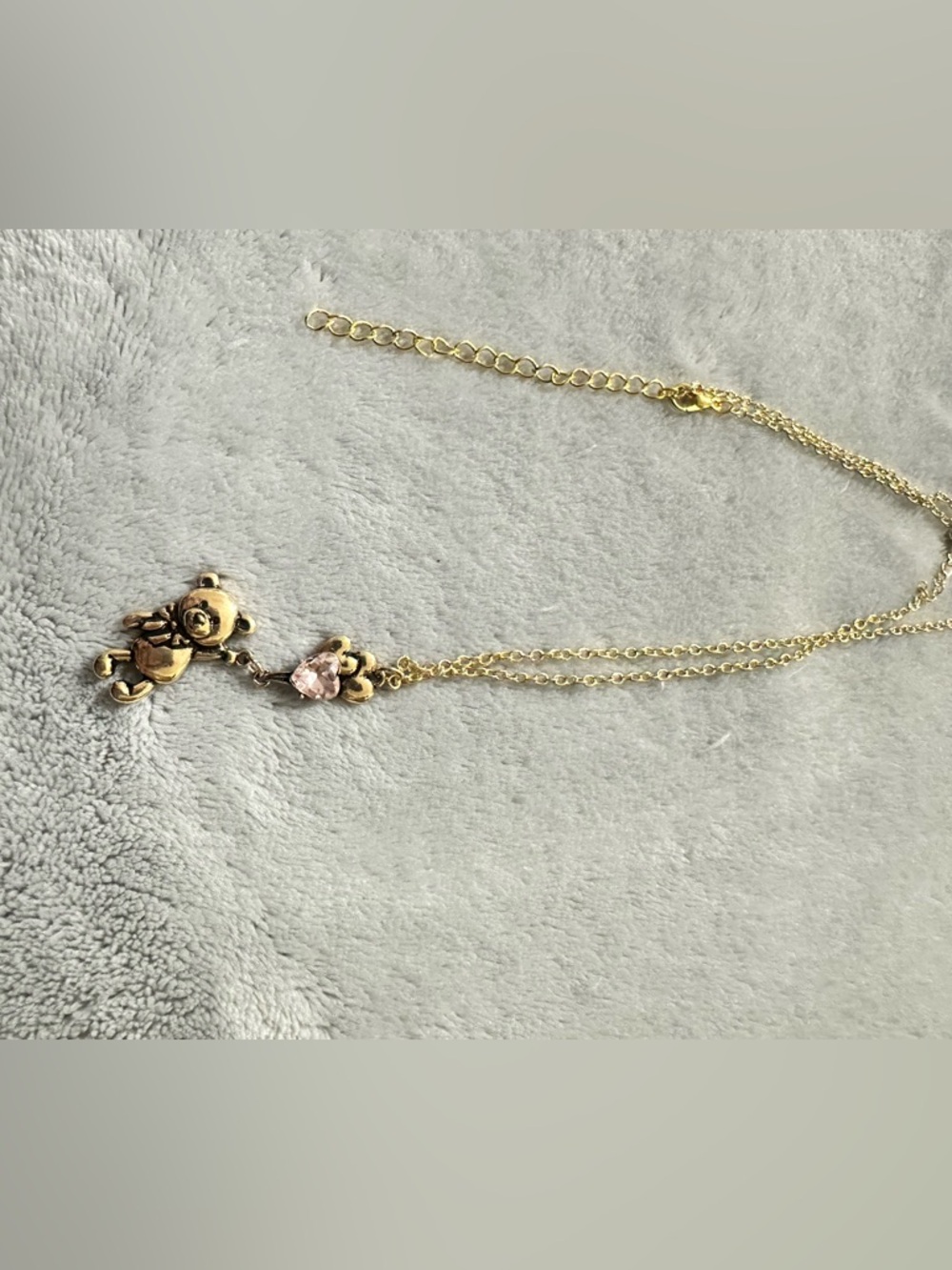 Gold Teddy Bear Pendant Necklace with Pink Crystal Accent